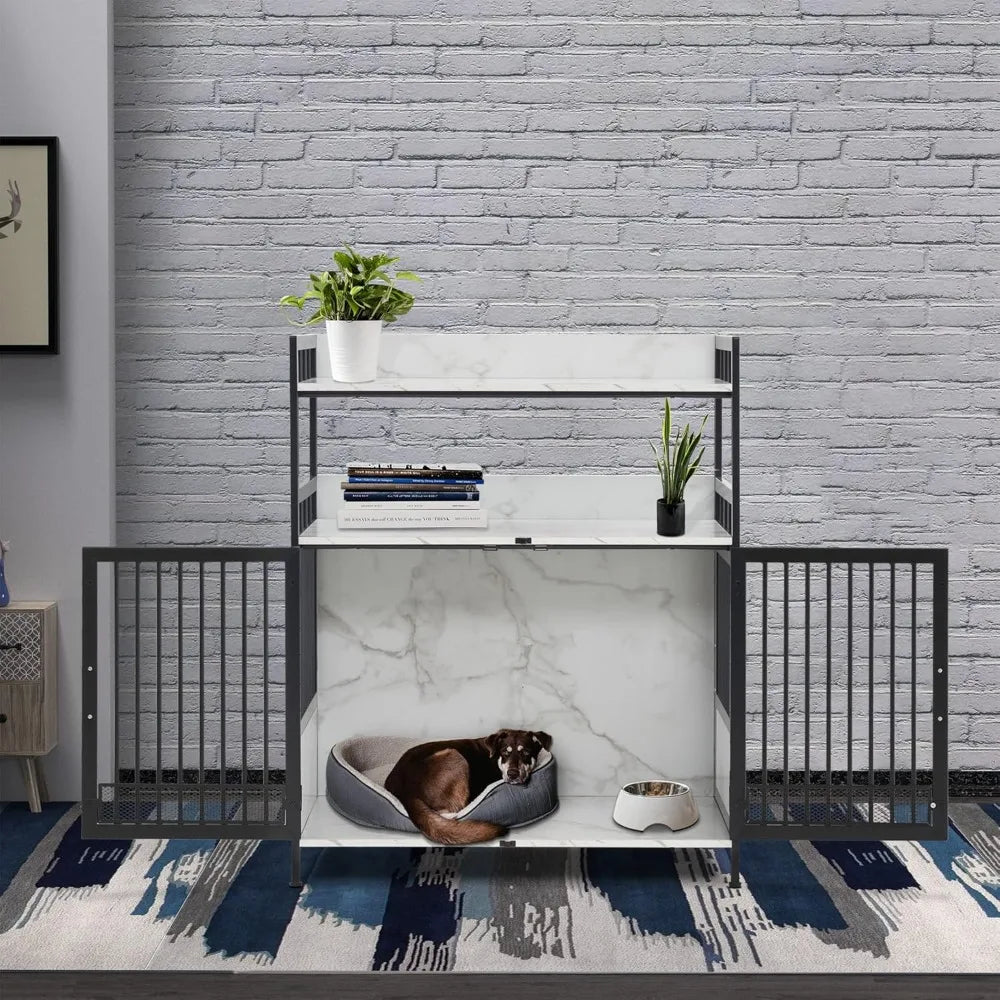 Furniture Style Dog Crate with Storage Shelves, Heavy Duty Wooden Dog Cage End Table, Triple Doors Pet House Indoor, 1368 (Whit
