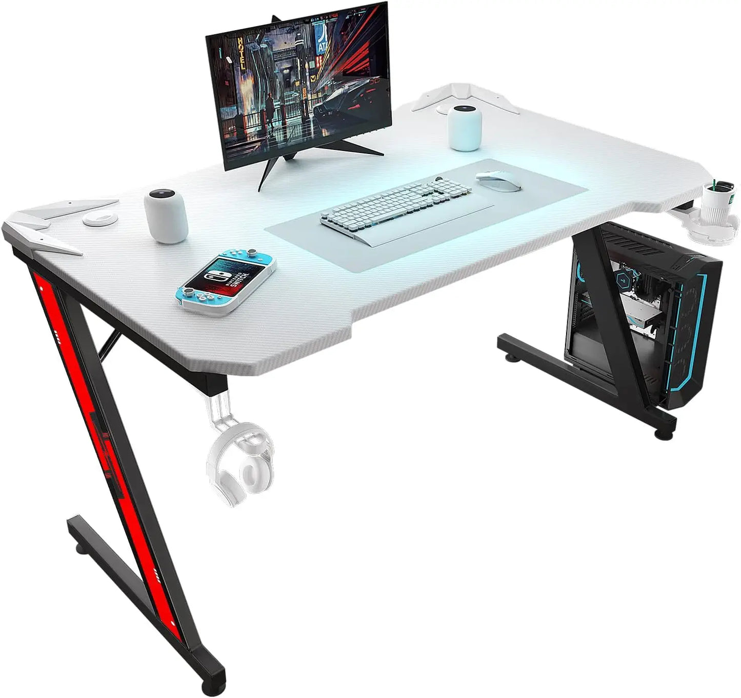 Gaming Computer Desk with Carbon Fiber Surface, Gaming Table Z Shaped PC Home Office with Cup Holder&Headphone Hook
