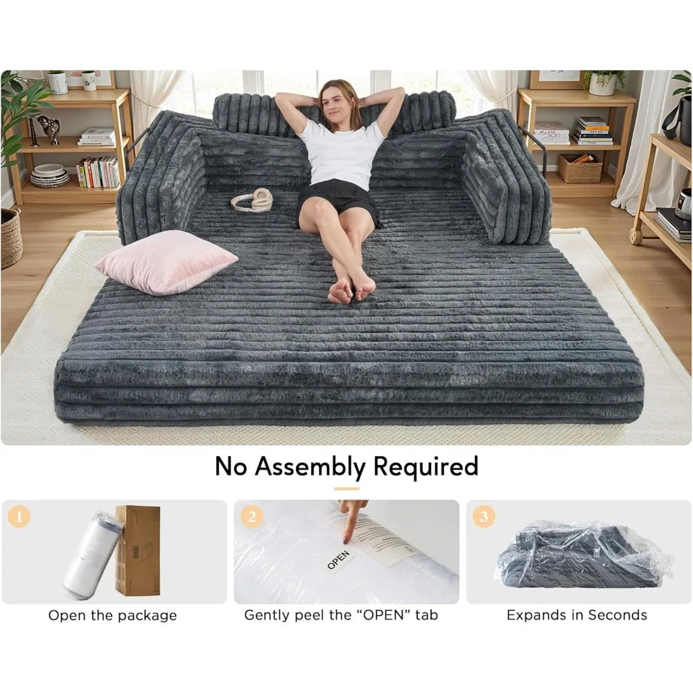 Foldable Sofa Bed, Convertible Floor Sofa with Plush Faux Fur, No Assembly Mattress Couch for Living Room, Apartment, Bedroom,
