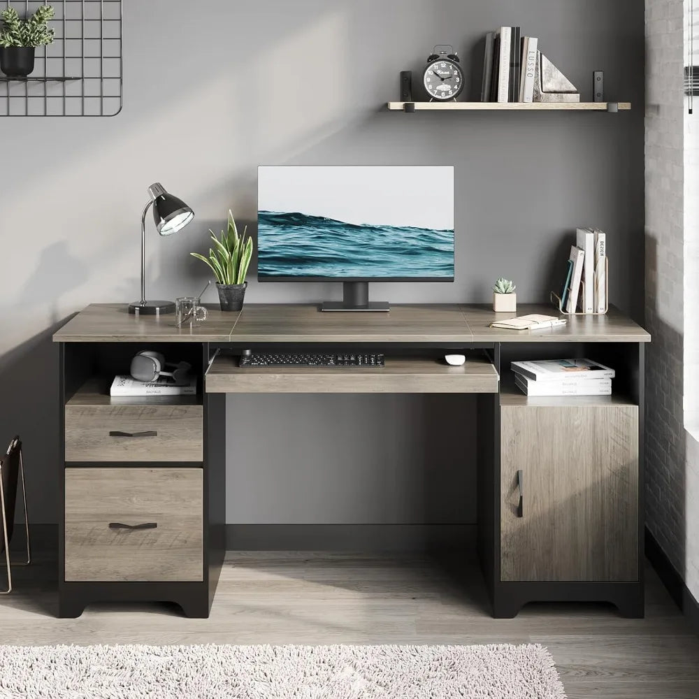 59" Executive Desk with 2 Drawers, Computer Desk with Storage Cabinet, Industrial Wood Design with File Drawer – Office-Ready Wo