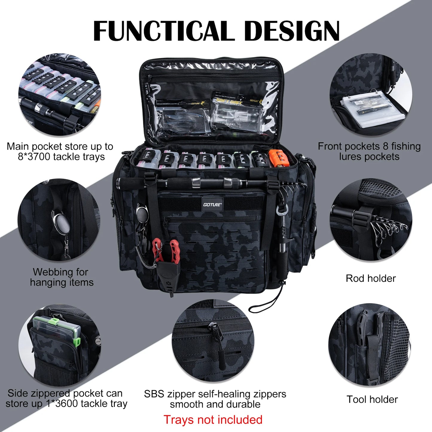 Goture 42L Tackle Bag 600D Oxford Backpack Rod Holder