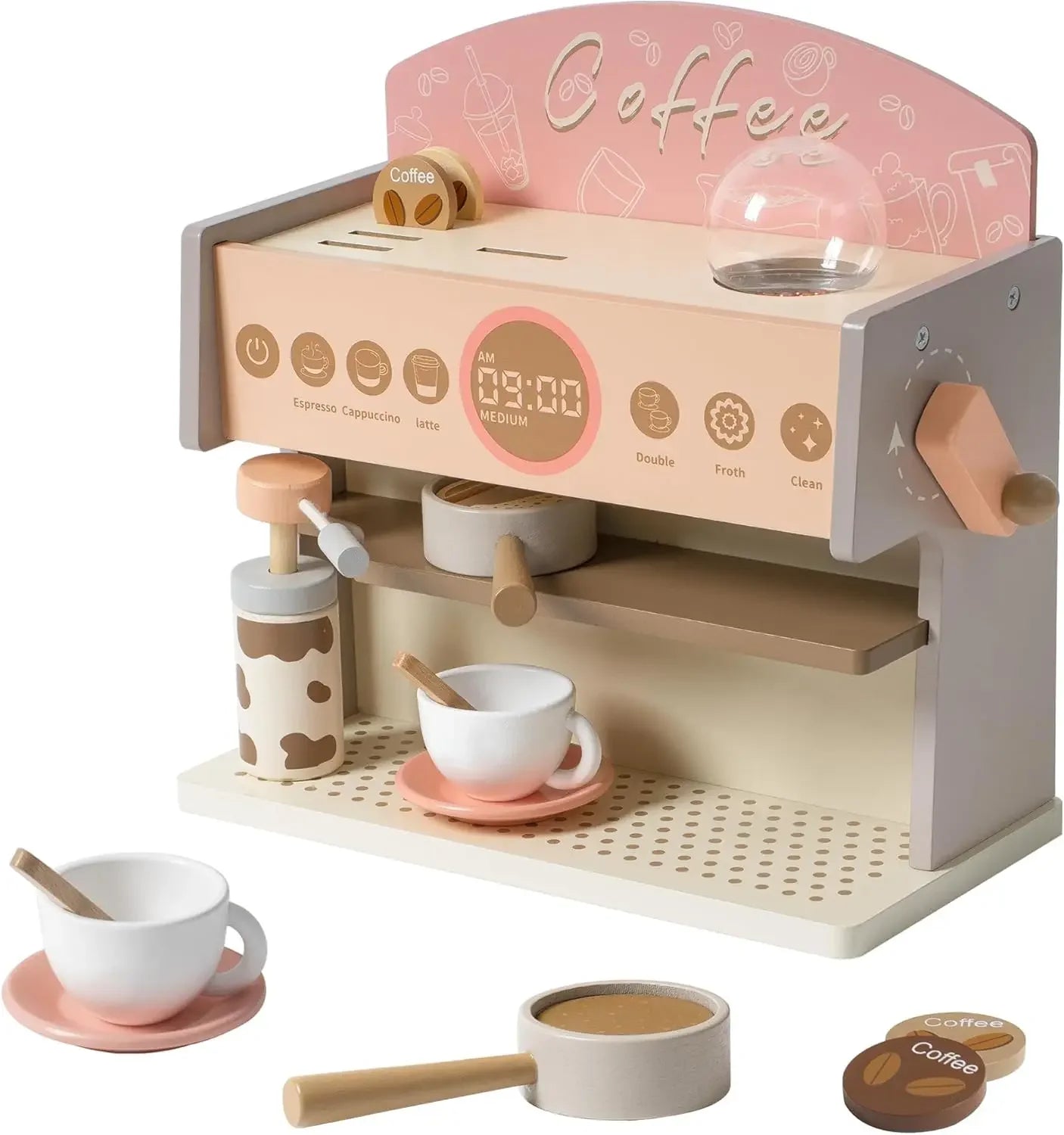 Robud Kids Coffee Maker with Grinder Wooden Toy Coffee Maker Espresso Machine Playset Play Kitchen Kitchen Sets for Girls Boys
