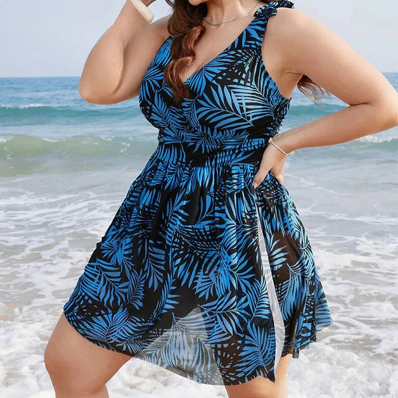 Women's Plus Size Swimsuit 2024 Stylish Swimwear One Piece Tankini V-Neck Split Hem Swim Dress Large Size Bodysuit Beach Wear