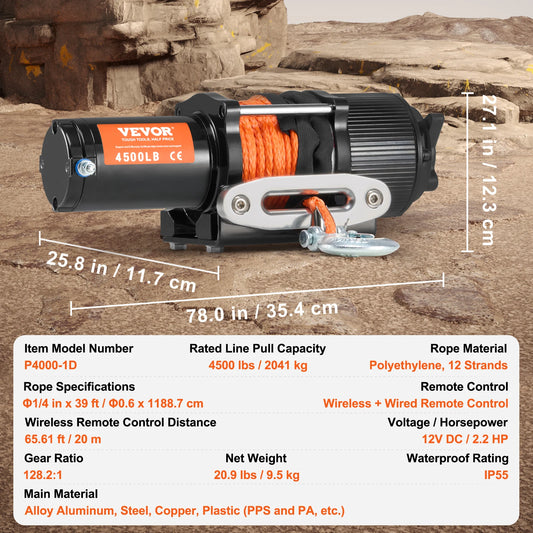 SucceBuy 4500lbs ATV/UTV Electric Winch 12V with 39ft Synthetic Rope Wireless & Wired Remote Control IP55 Waterproof for Jeeps
