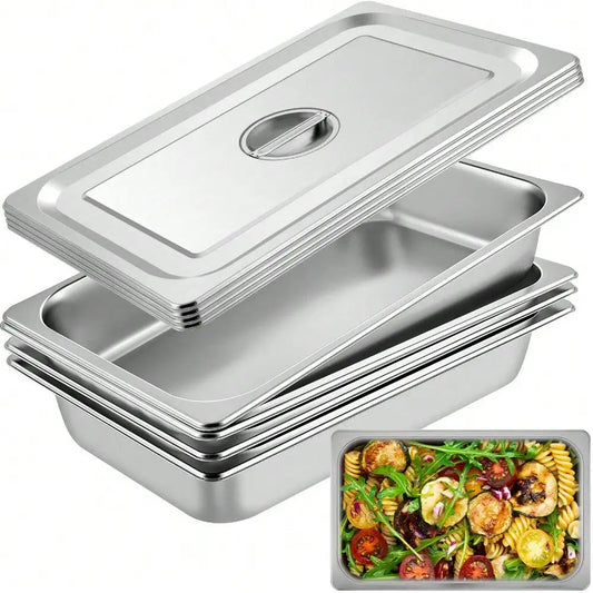 4" Deep Full Size Steam Table Pans w/ Lids 4 Pack Set Hotel Food Buffet