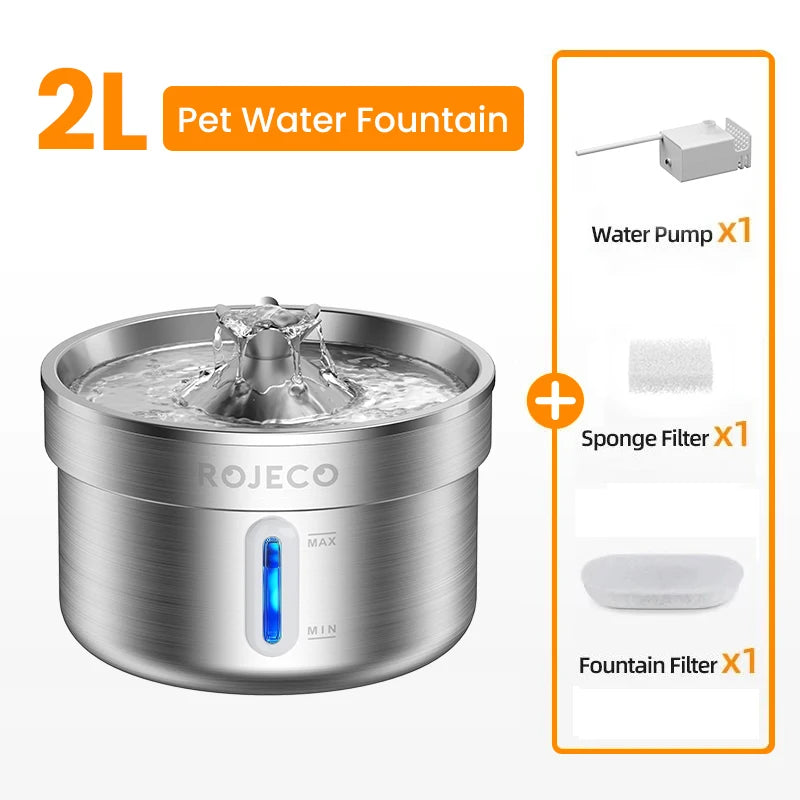 ROJECO Stainless Steel Cat  Water Fountain Automatic Pet Drinking Fountain for Cat Dogs Drinker Rechargeable Pet Water Purifier