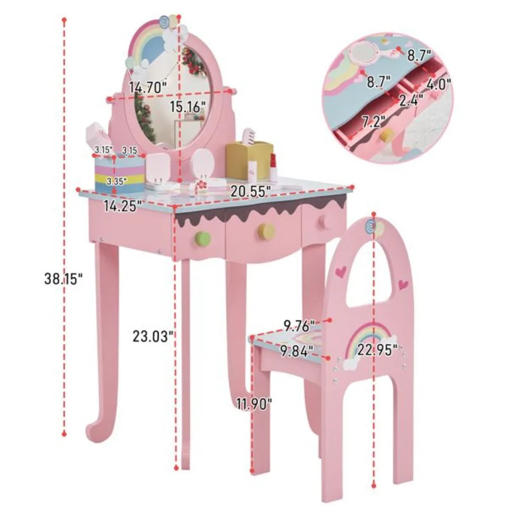 Kids Vanity Table and Chair Set with 7 Pieces Pretend Play Makeup Toys Mirror and Stool for Toddlers Girls Pink
