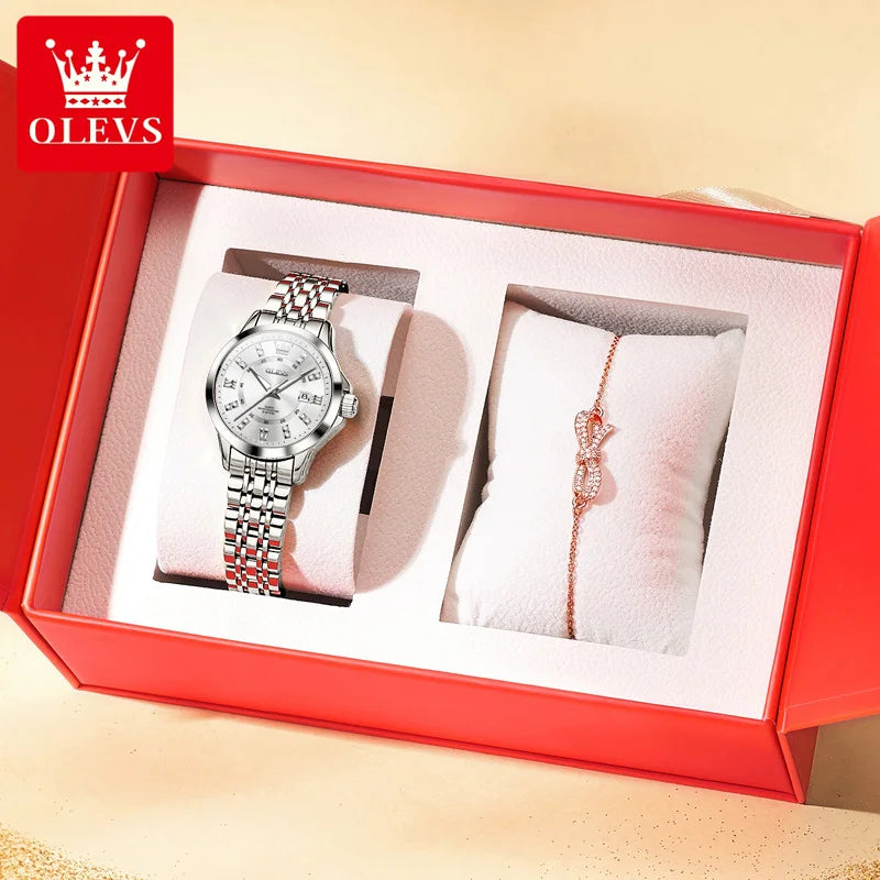 OLEVS Brand Romantic Gift Box Bracelet Set Women's Watches Elegant Waterproof Fashion Luminous Quartz Watch Calendar Wristwatch