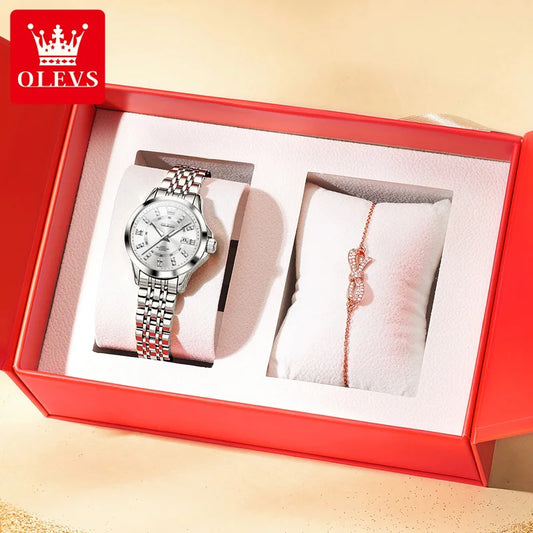 OLEVS Brand Romantic Gift Box Bracelet Set Women's Watches Elegant Waterproof Fashion Luminous Quartz Watch Calendar Wristwatch