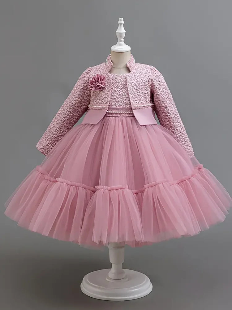 Girls Dress Set Spring Autumn Khaki Lotus Lace 2024 Fashion New Children Clothes Cute Princess Dresses and Coat Outfits 2-8 Year