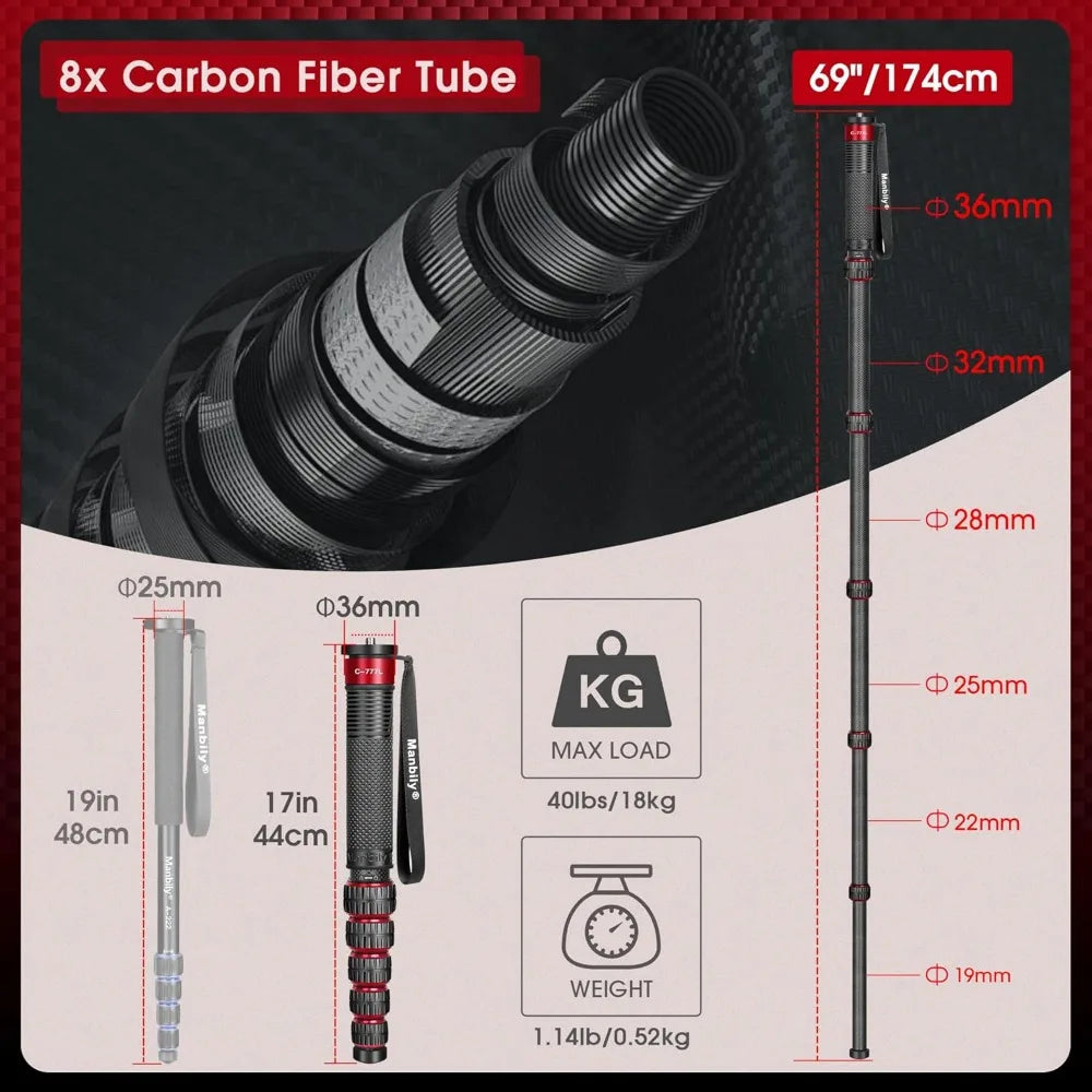 Manbily C777L 36mm Carbon Fiber Monopod With Walking Stick