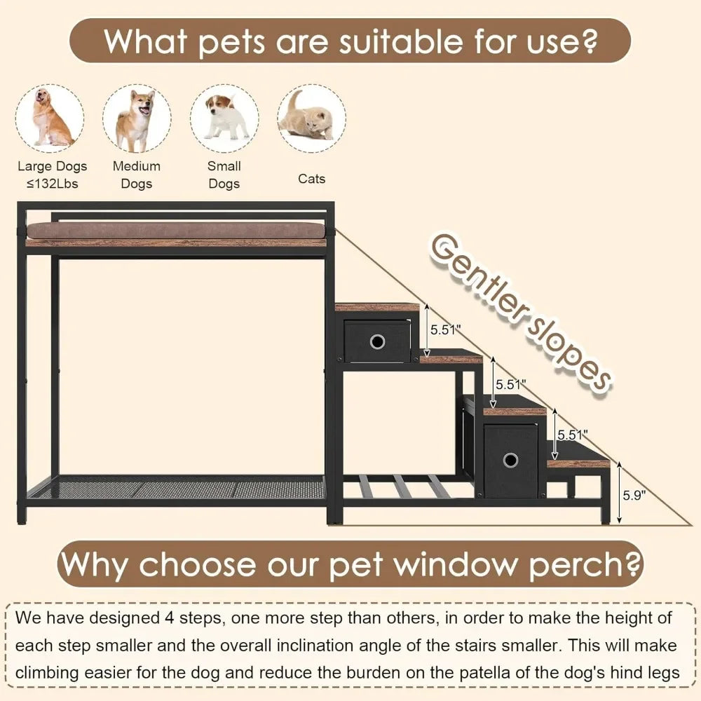 Pet Bunk Bed with Stairs & Storage, Multi-Level Elevated Dog & Cat Bed with Window Perch & Bedside Lounge