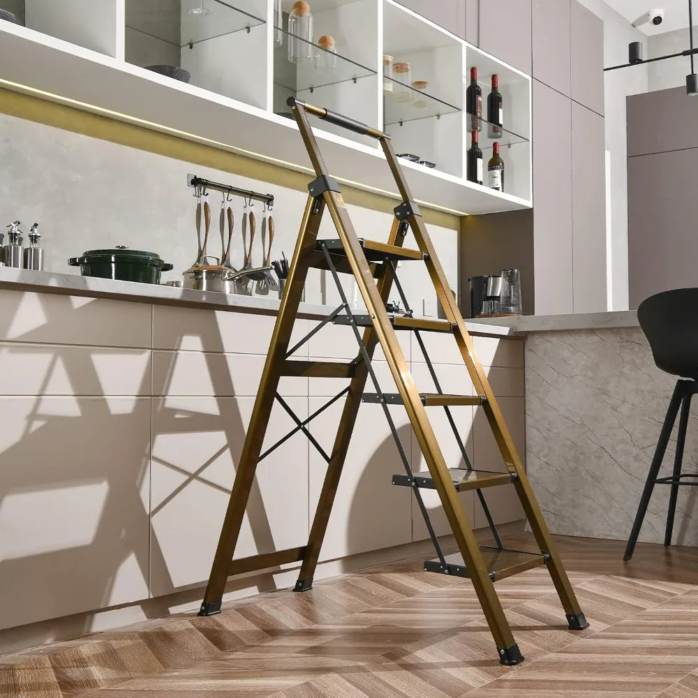 5 step ladder, aluminum 5 step stool with retractable handrail and anti-slip wide pedal, folding stool ladders 5 steps, 330lbs