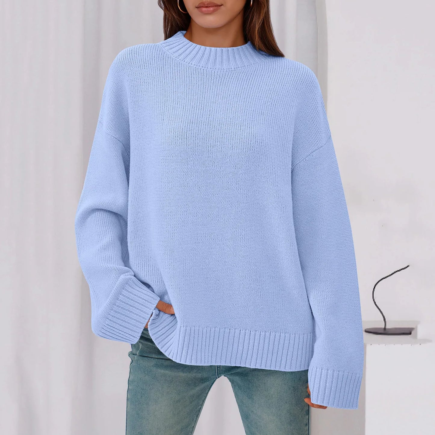 Womens Loose Round Neck Solid Color Bell Sleeve Long Sleeve Knitted Sweater Top Ropa De Mujer Sweater De Mujer Pull Femme