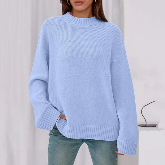 Womens Loose Round Neck Solid Color Bell Sleeve Long Sleeve Knitted Sweater Top Ropa De Mujer Sweater De Mujer Pull Femme