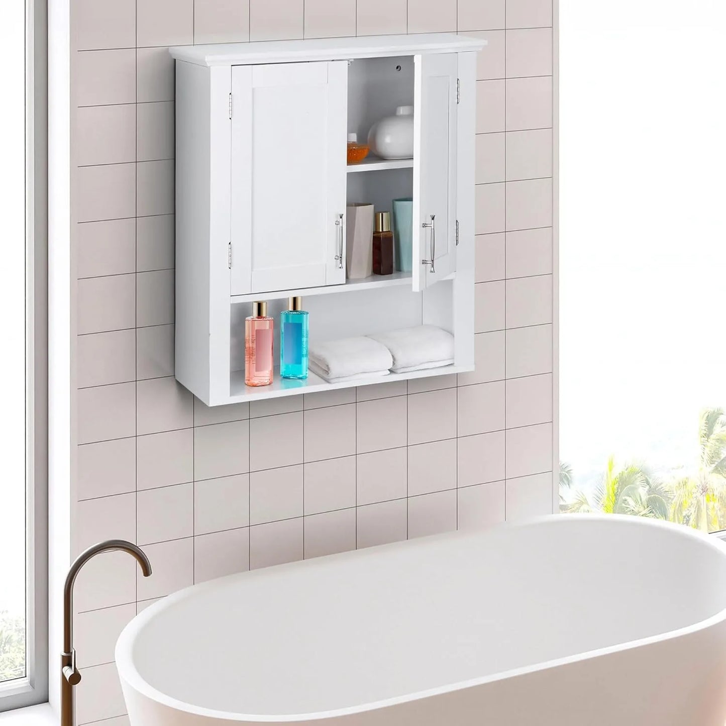 Bathroom Wall Cabinet Over The Toilet Wall Mount Storage Medicine Laundry Cabinet with Two Doors and Three Adjustable Shelves