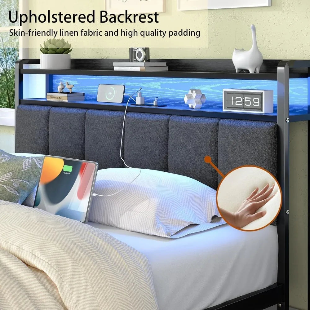 Queen Size Metal Platform Bed Frame with LED Lighting and Charging Station, Upholstered Storage Headboard Included