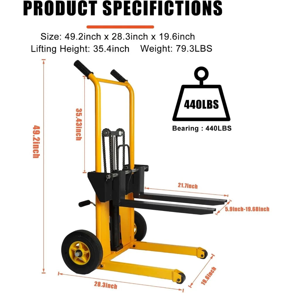 Manual Forklift Pallet Stakcer, 440 Lbs Capacity Hydraulic Material Lift 35" Lift Height with Adjustable Forks and Fixed Legs Pa