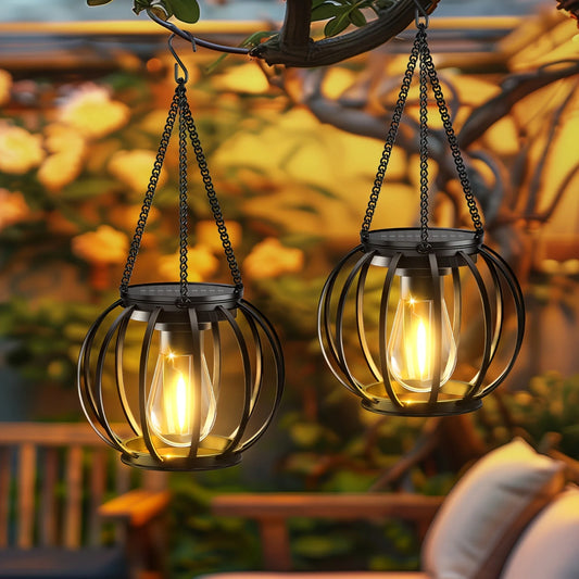 2 Pack Brighter Orbicular Hanging Solar Lights Outdoor, Auto On/Off Outdoor Solar Lights for Yard Garden Patio Pathway Decor
