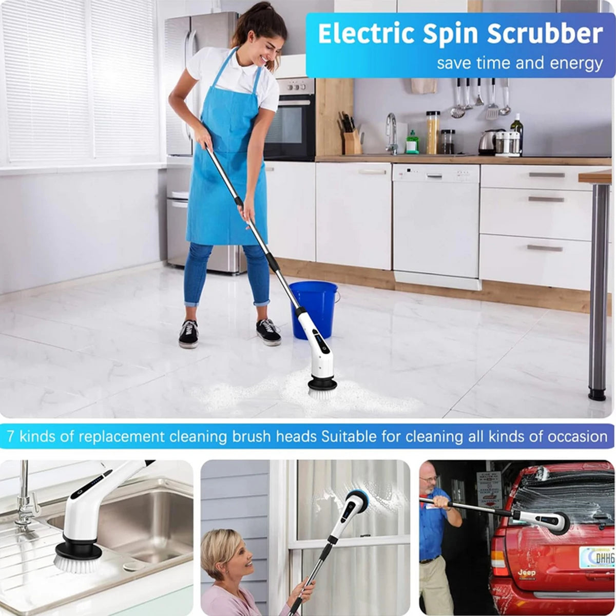 Electric Spin Scrubber, Electric Bathroom Cleaning Brush, LHPY Upgraded Version with 7 Replacement Brush Heads and Extension Han