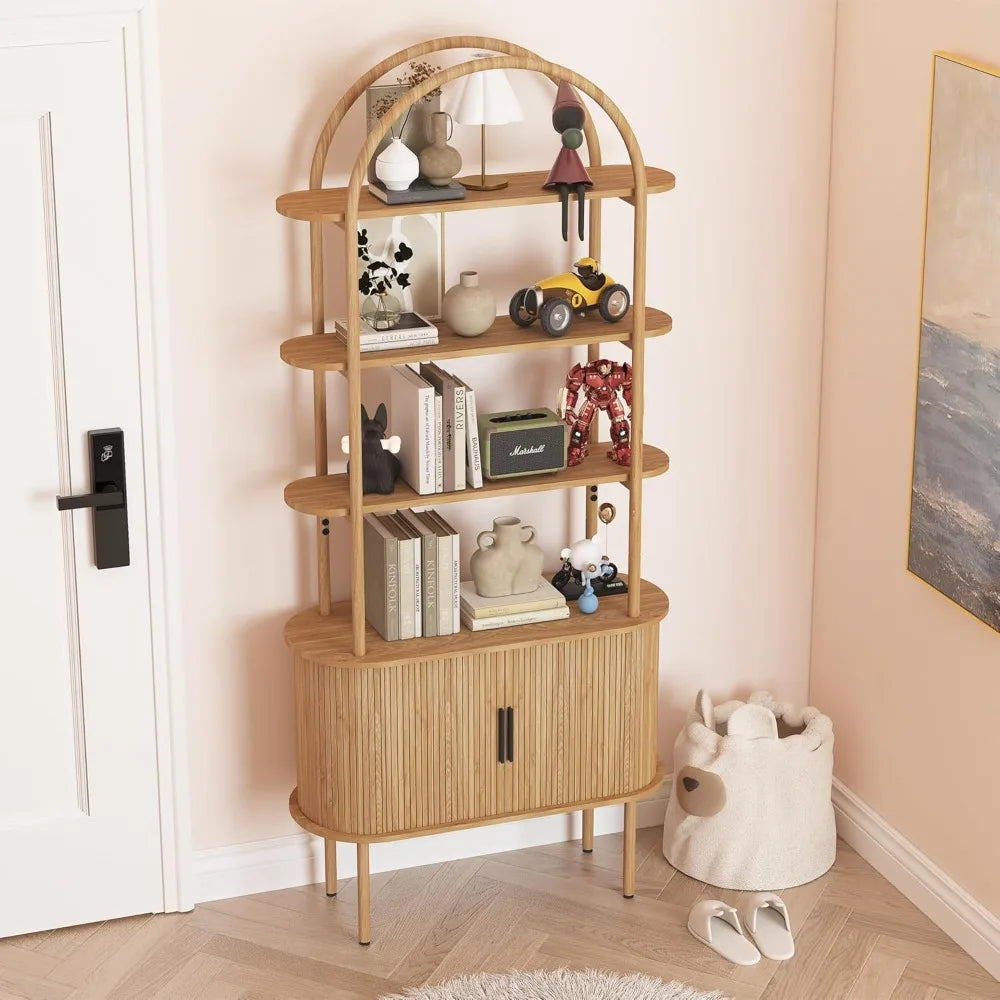 71" Tall Mid Century Modern Fluted Arched Bookshelf. Features sliding tambour doors and 4 - tier open storage. This curved books