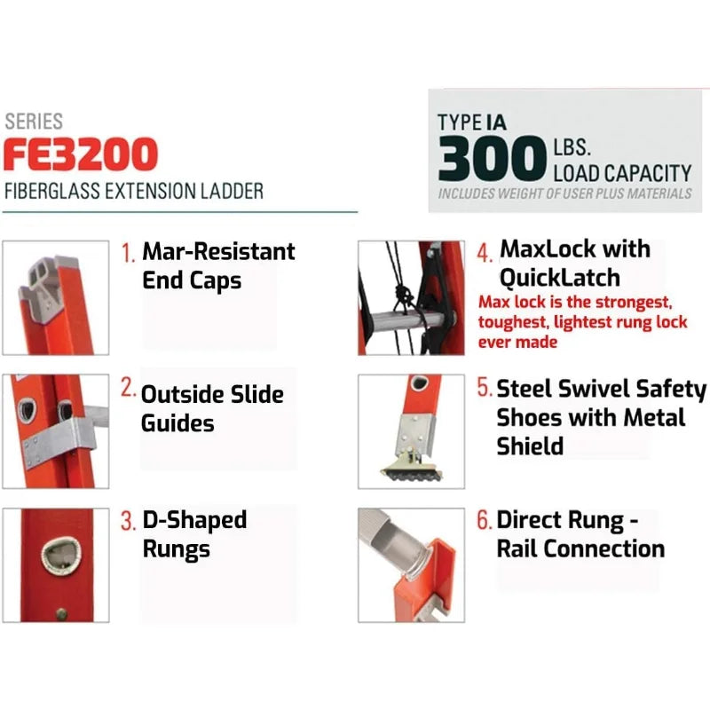 Louisville Ladder FE3220 Foot Extension Ladder, 20 ft, Orange