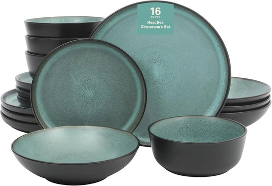 Tribeca Loft 16-Piece Dinnerware Set - Matte Black and Green Reactive Glaze Stoneware, Double Bowl Round Plates and Bowls - Mode