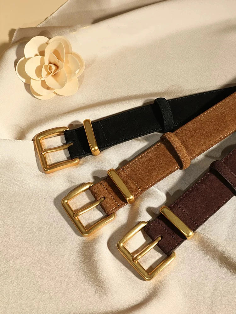 Luxury Suede Cowhide Belt for Women Gold Buckle 3.3cm Wide