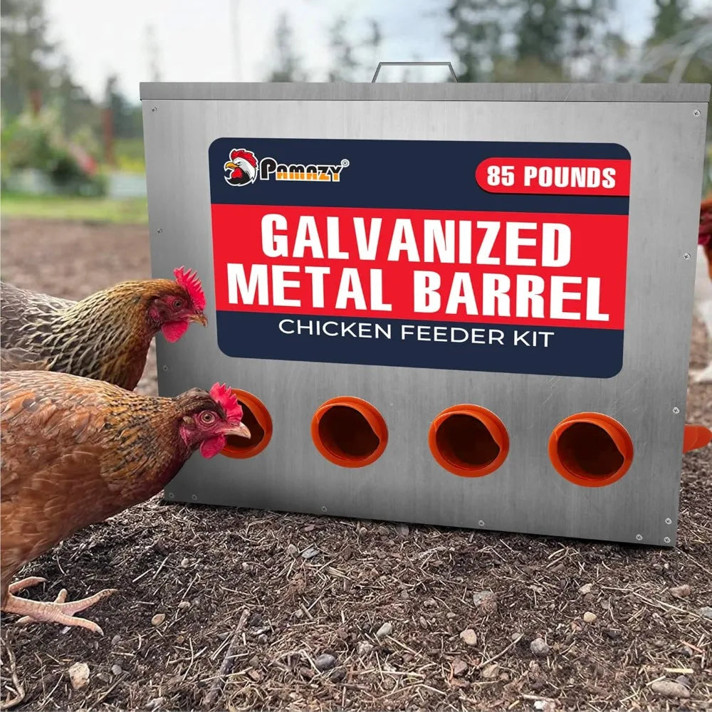 Large Capacity 85lbs Automatic Metal Poultry Feeder Set, Chicken Galvanized Trough, Chicken Feeder No Waste, Rainproof Poultry F