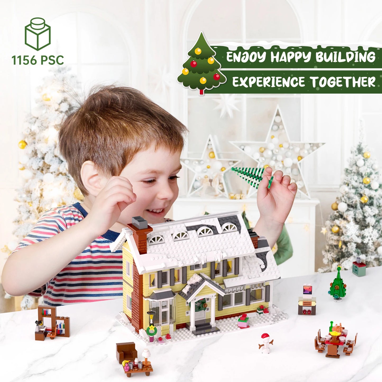 Christmas Holiday House Building Blocks Set, LED DIY Christmas Holiday Snow Village Gifts for Boys and Girls (1156pcs)
