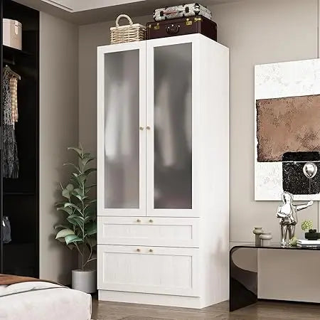 Corner Wardrobe Closet with 2 Glass Doors, Armoire Wardrobe Closet with Hanging Rod, for Bedroom Wood Grain (16.3+19.1”W x 19.1