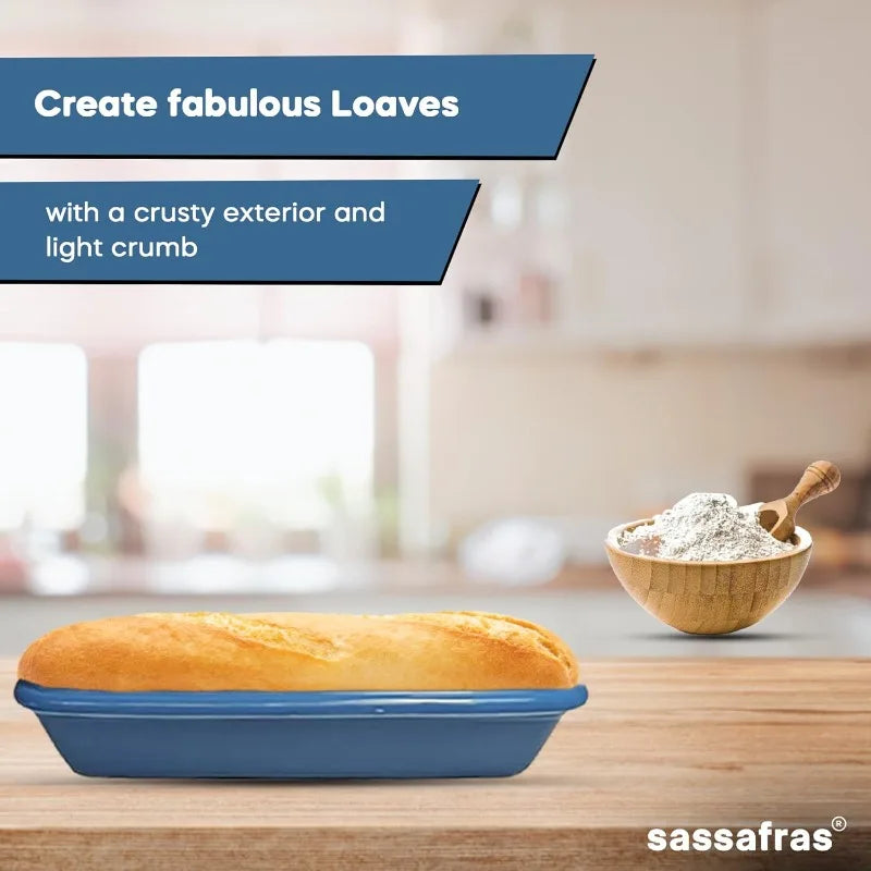 Sassafras Superstone Covered Bread Baker with Lid Glazed Exterior and Unglazed Interior Stoneware Bakeware Blue