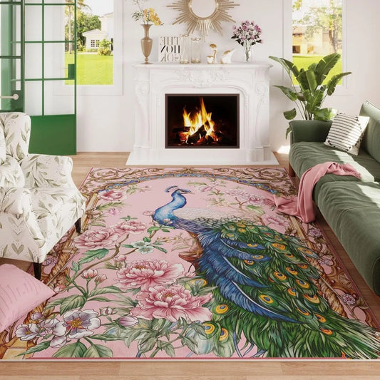 Area Rugs 8x10 Rug for Living Room Clearance Washable Floral Peacock Non Slip Vintage Low Pile Large Rug for Living Room, Bedroo
