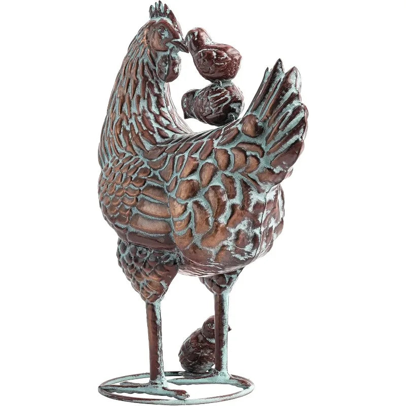 Garden Chicken Art Outdoor Statues - Mother Hen & Chicks Metal Statue, 13.5"x18" Life-Like Chicken Decor, Antique Copper Yard Or