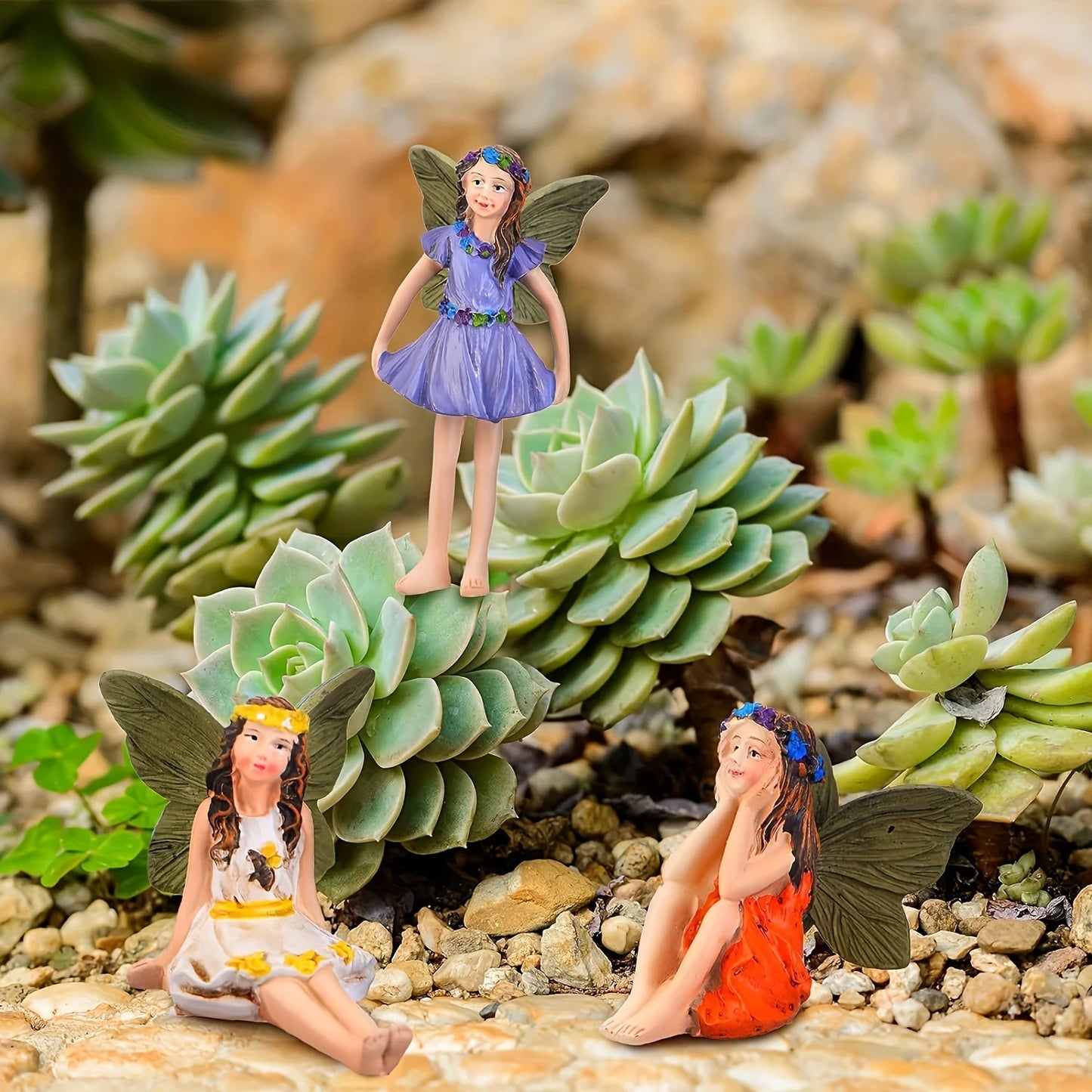 6 Pieces Miniature Fairies Accessories Mini Figurines with Stick Little Girl Sculpture Yard Ornaments Potted Plants Resin Decor