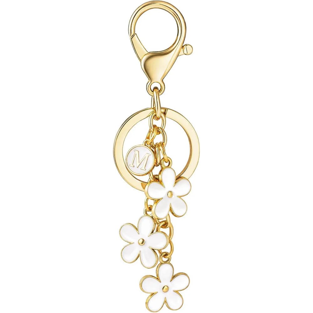 Initial Keychain White/Pink Flower Charms Key Cute Letter Keyring For Handbag Backpack