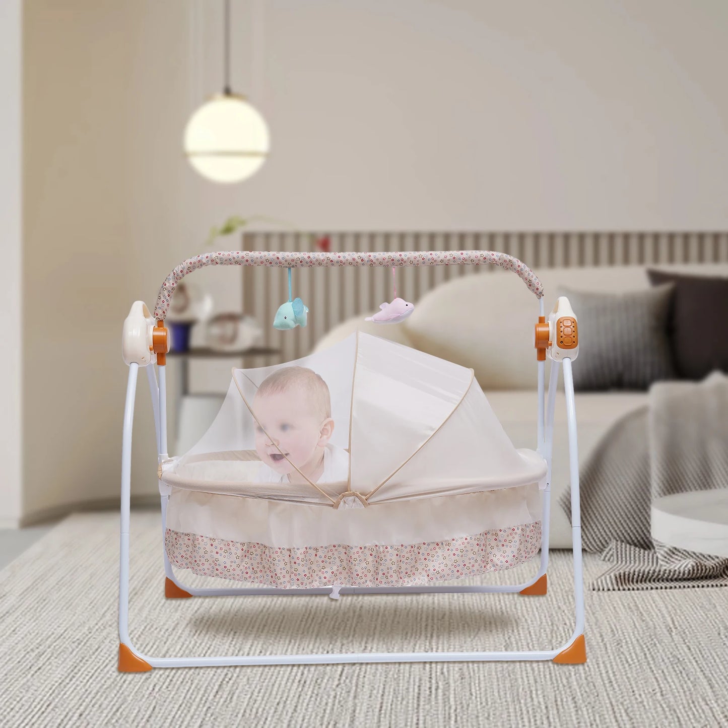 Electric Baby Crib Cradle Bluetooth&USB Foldable Auto-Swing Rocking Bassinet Sleep Bed Infant U-Shaped Pillow/Net/Toy Rack