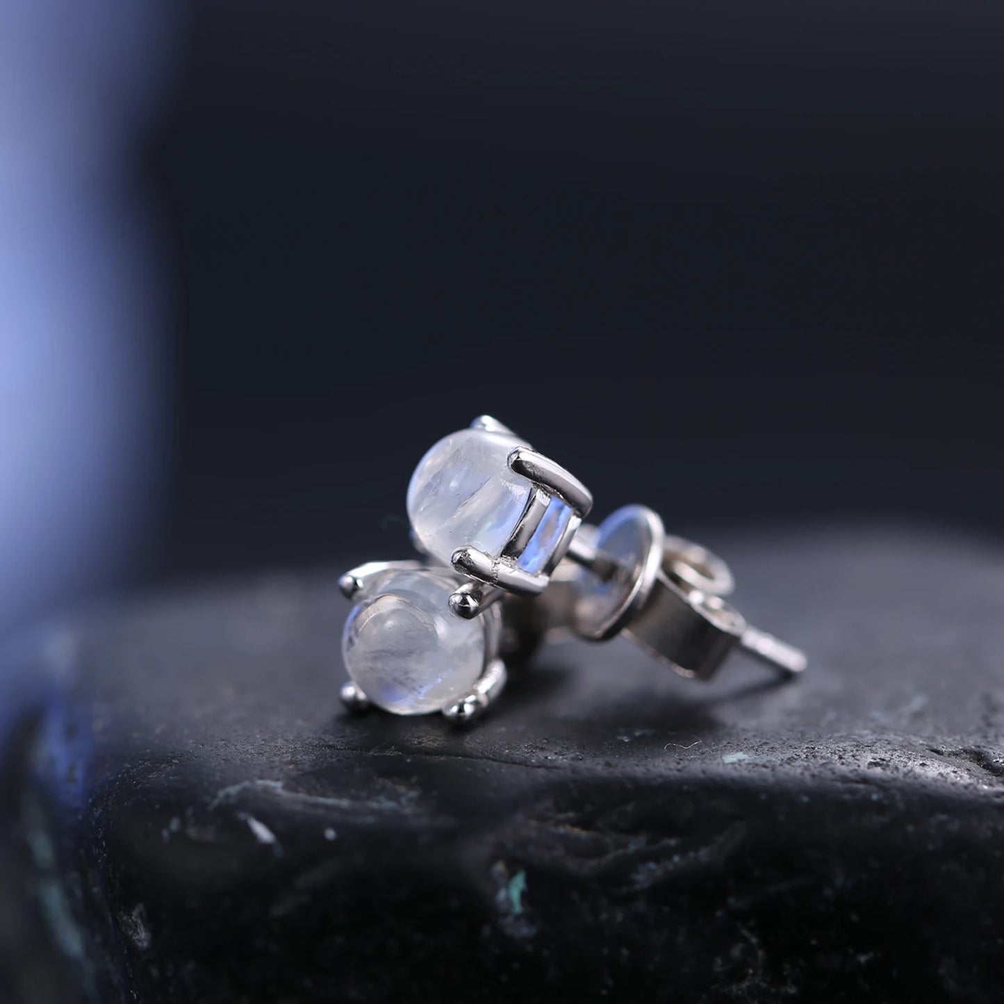 GEM'S BALLET June Birthstone 5mm Natural Milky Blue Moonstone Studs Earrings in 925 Sterling Silver Gemstone Handmade Jewelry