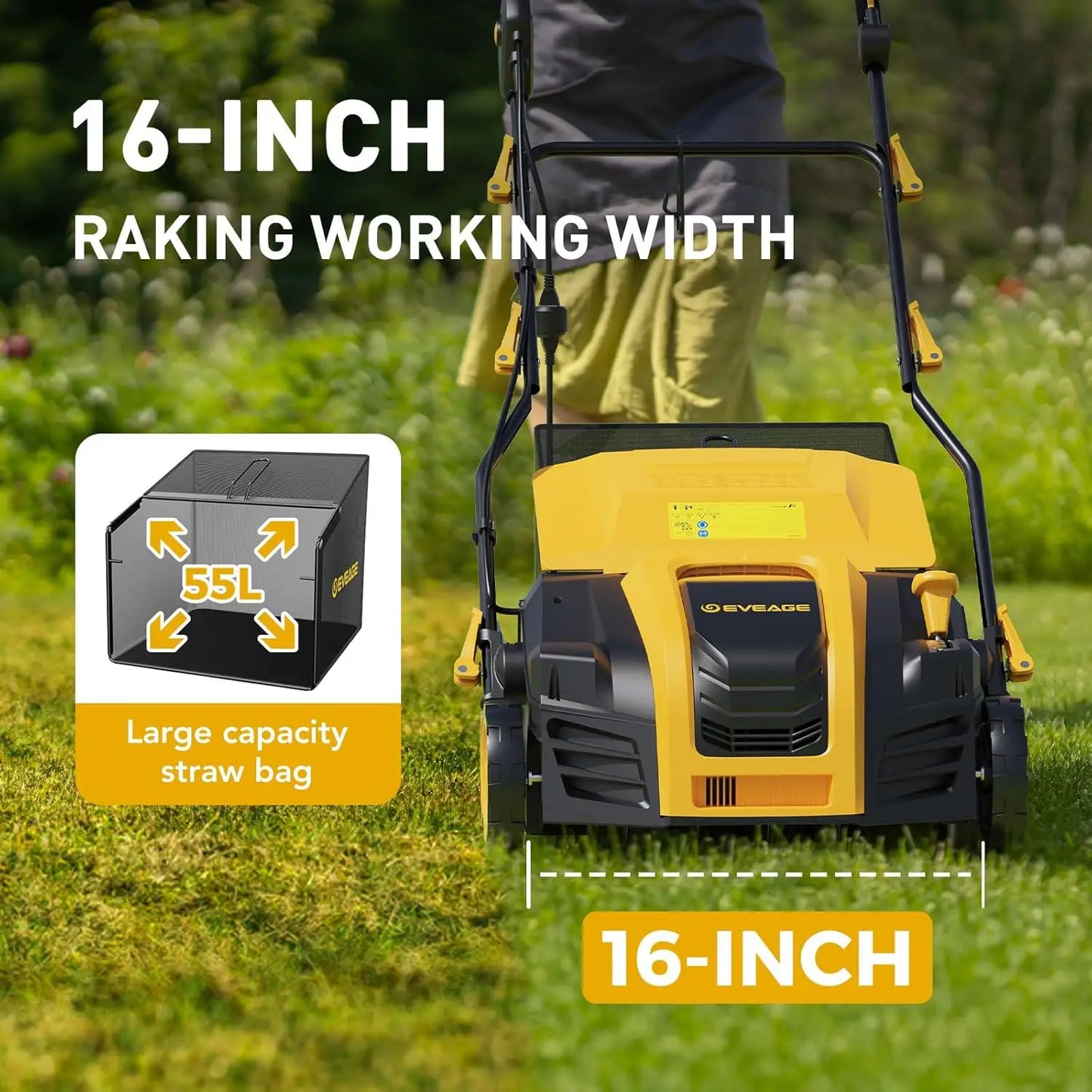16-Inch 15-Amp Electric Dethatcher and Scarifier 5-Position Depth Adjustment,Removeable 14.5-Gal Collection Bag