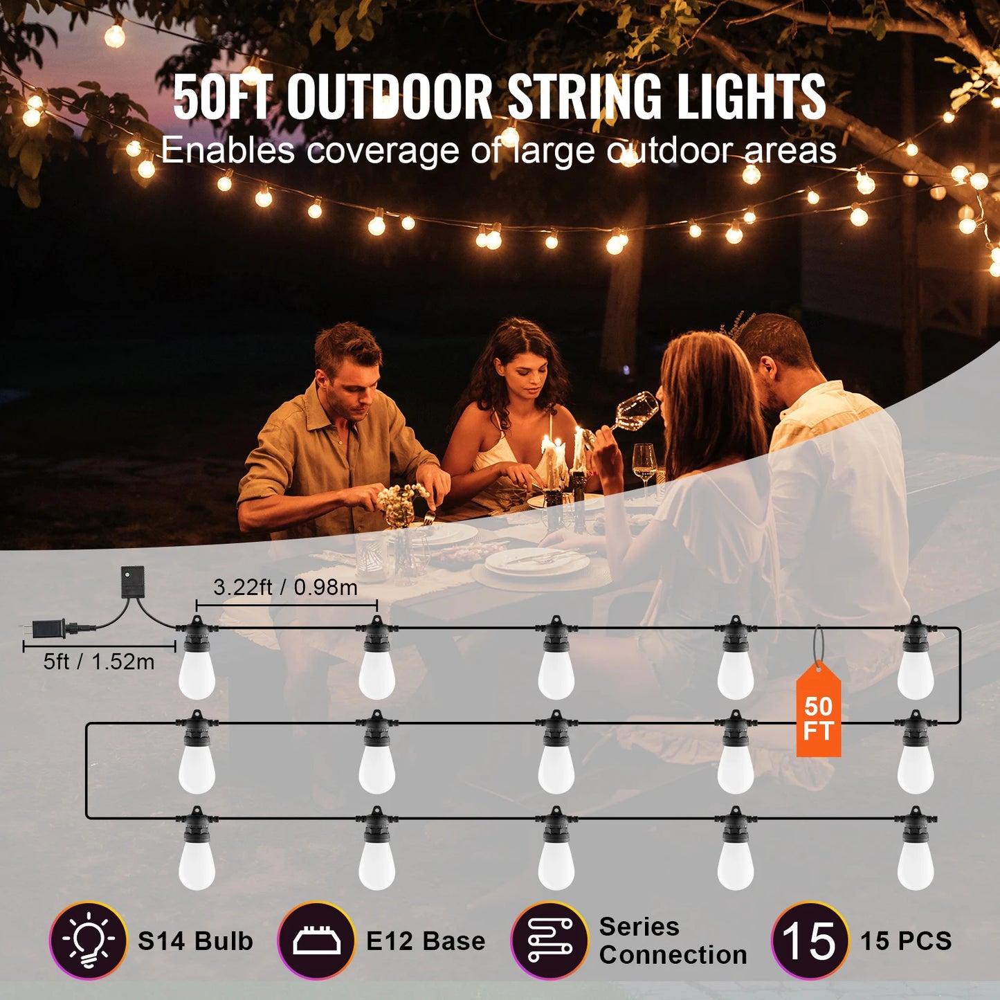 SucceBuy RGB Outdoor String Lights with APP Control 15 Single-Color Adjustable Brightness Time Setting Waterproof Hanging Lights