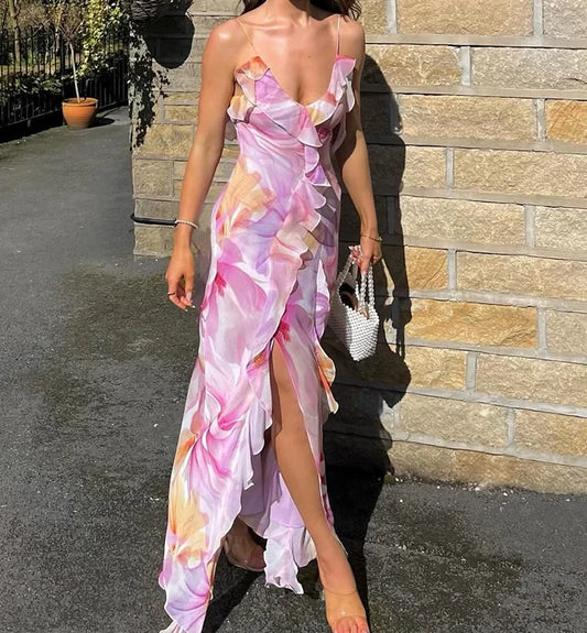 Weird Puss Flower Print Dress Woman Summer Strapless Splits Irregular Tassel Patchwork Backless Bandage Party Skinny Vestidos