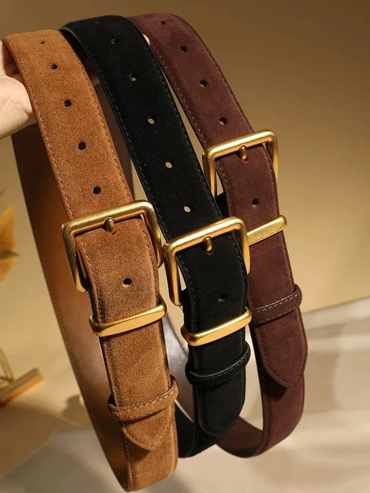 Luxury Suede Cowhide Belt for Women Gold Buckle 3.3cm Wide