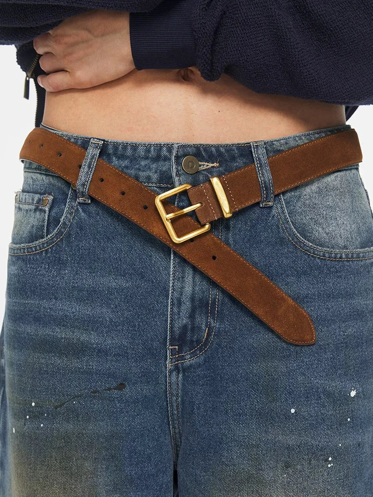 Luxury Suede Cowhide Belt for Women Gold Buckle 3.3cm Wide