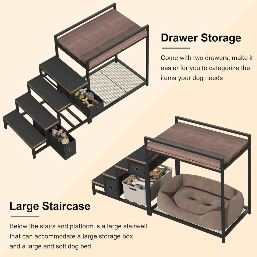 Pet Bunk Bed with Stairs & Storage, Multi-Level Elevated Dog & Cat Bed with Window Perch & Bedside Lounge