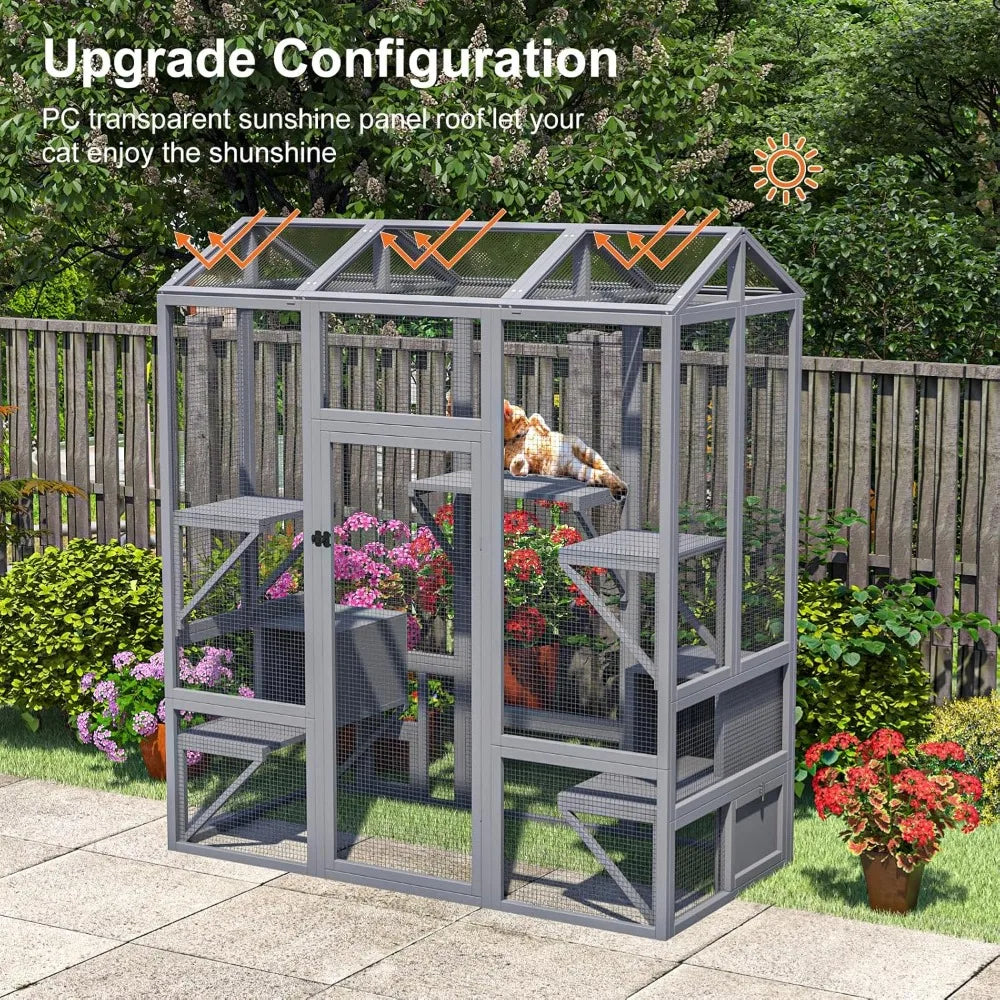 Catio Outdoor Cat Enclosure, Large Cat House for Mulitiple Cats Walk in Cat Cage with Waterproof Cover and Sunshine Panel Roof,