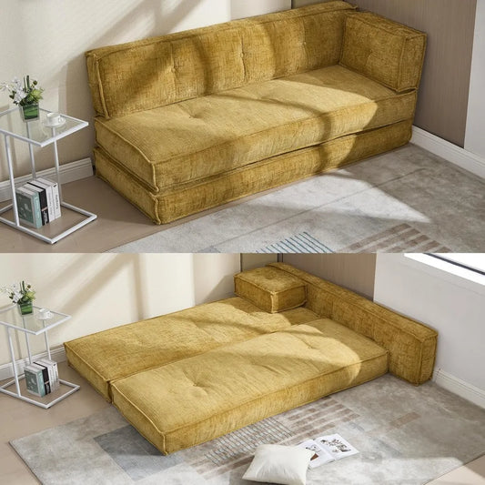 Modular Couch Convertible Sleeper Floor Sofa Bed, Chenille Folding Mattress Couch with Side Bag Storage, 4-in-1 Combined Lazy So