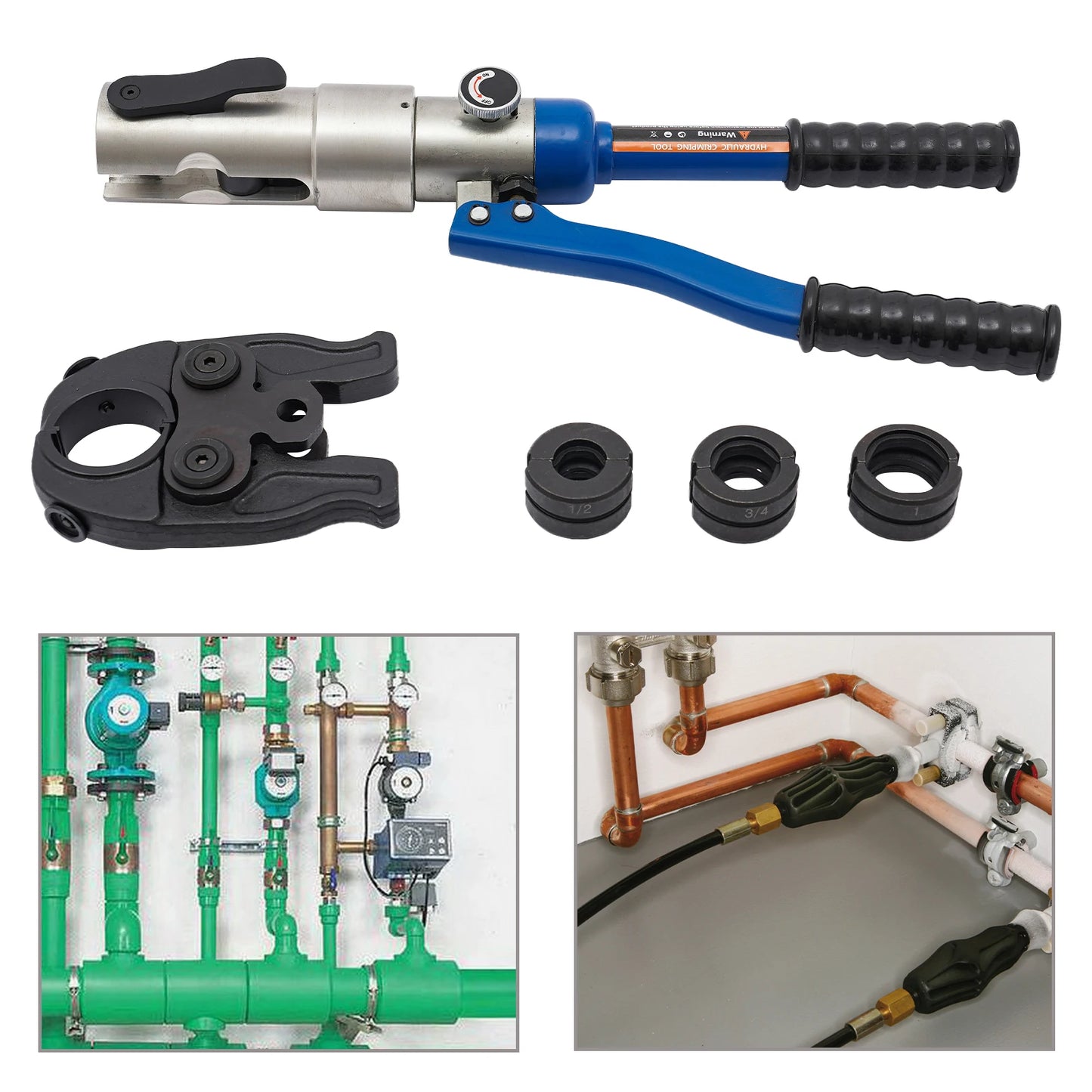 Blue Hydraulic PEX Pipe Crimper Tool Kit | 1/2", 3/4", 1" Dies, Ergonomic Grip, Steel-Aluminum Construction