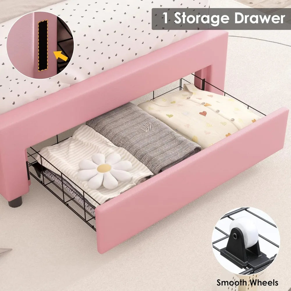 Keyluv Full Upholstered LED Bed Frame with Storage Drawer, Leather Princess Platform Bed with Adjustable Crystal Button Tufted C
