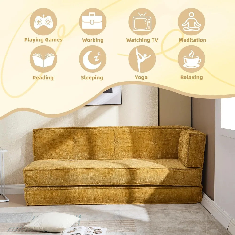 Modular Couch Convertible Sleeper Floor Sofa Bed, Chenille Folding Mattress Couch with Side Bag Storage, 4-in-1 Combined Lazy So