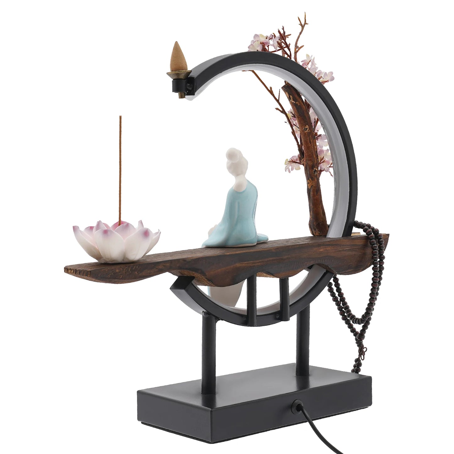 Backflow Incense Burner, Ceramic Peach Blossom Design, LED Light, Stress Relief, Meditation, Home Décor